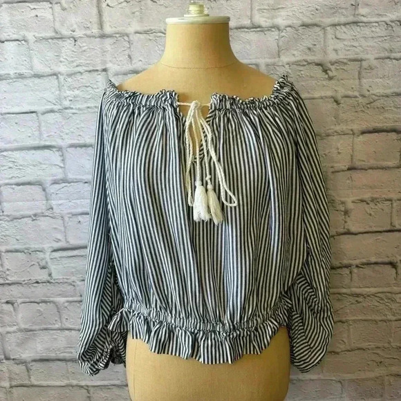 Matty M Tops - Matty M Off Shoulder Blue & White Pin Stripe Blouse w/ Keyhole Tie Women Large